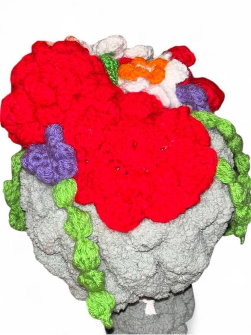 Handmade Sage Green Crochet Floral Bouqet with Red Purple White Floral Accents